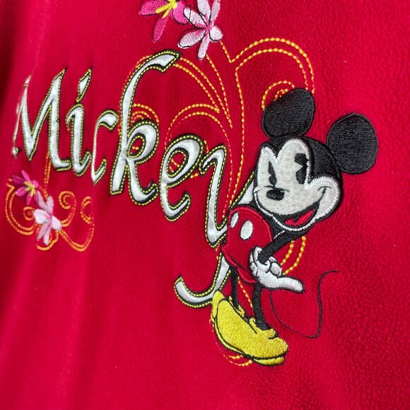 Vintage Disney Mickey Mouse Fleece Sweatshirt Red Embroidered Floral Y2K Retro L - Picture 3 of 7